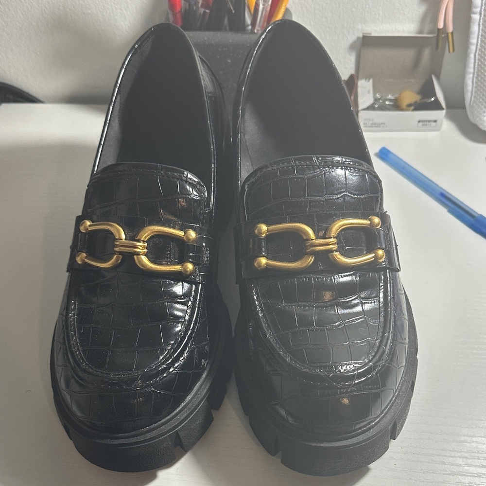 Torrid Black Croc-Embossed Loafers with Gold Accents